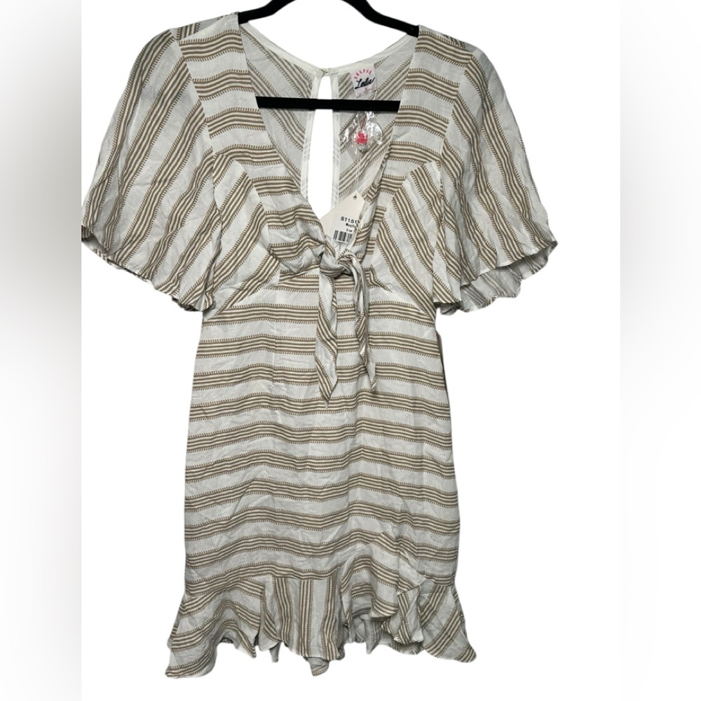 Selfie Leslie Mocha and Cream Tie Front Mini Dressβ Ruffles Open Back NWT Size S
